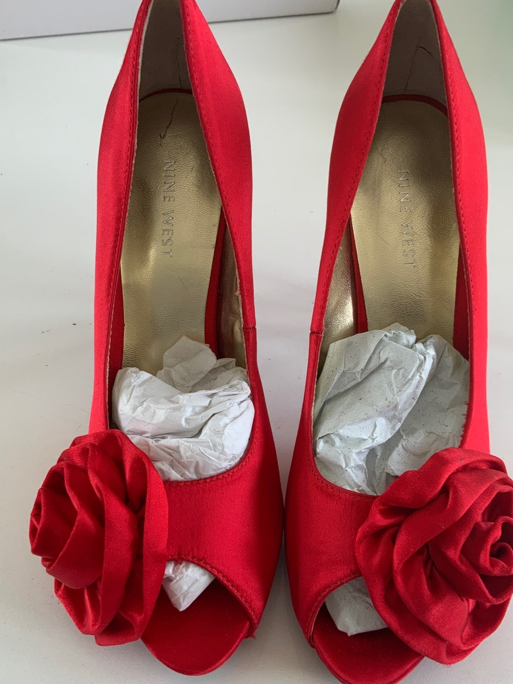 Nine West Red Satin Peep-Toe Heels with Rosette